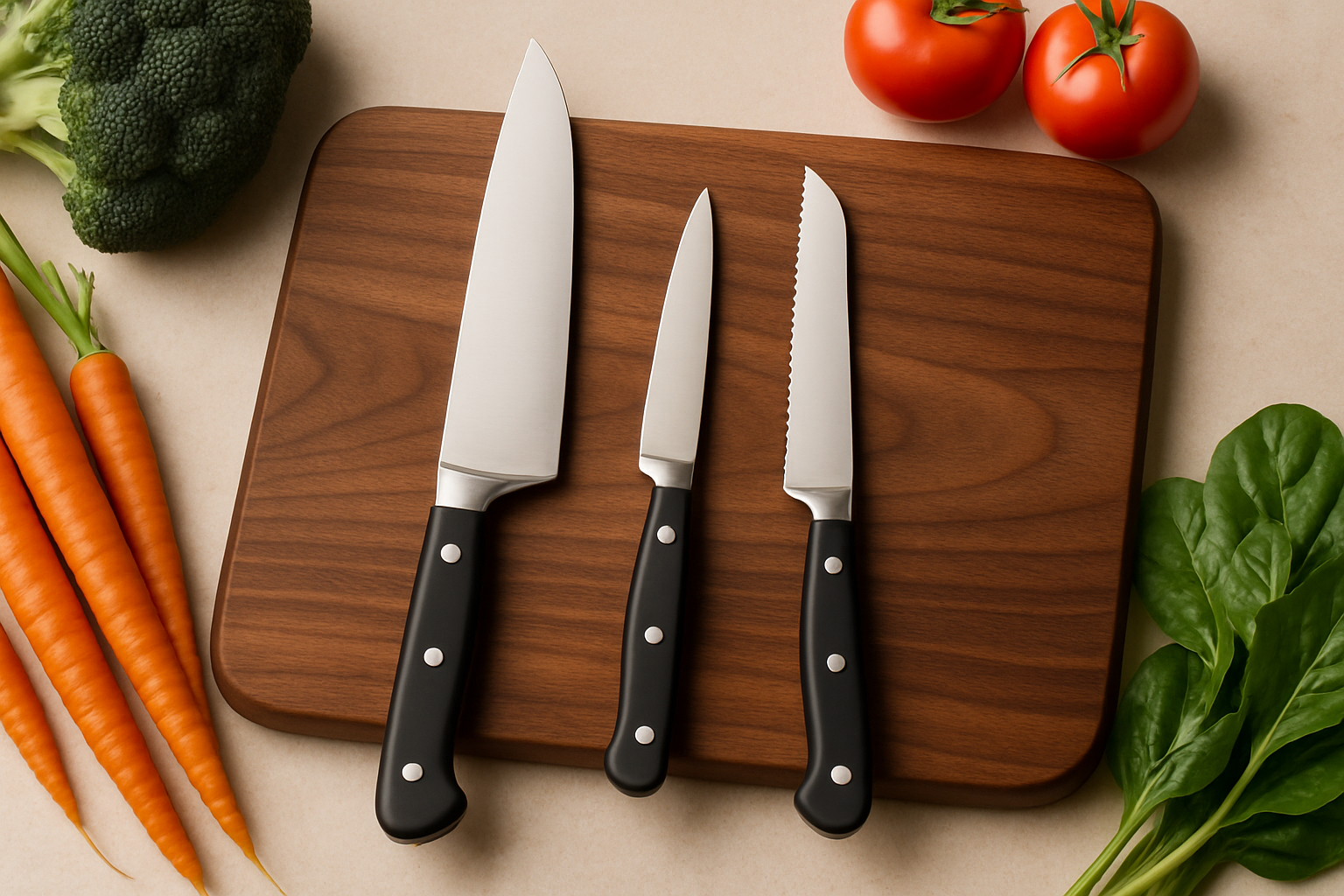 Chef's knife, paring knife and bread knife on a wooden cutting board