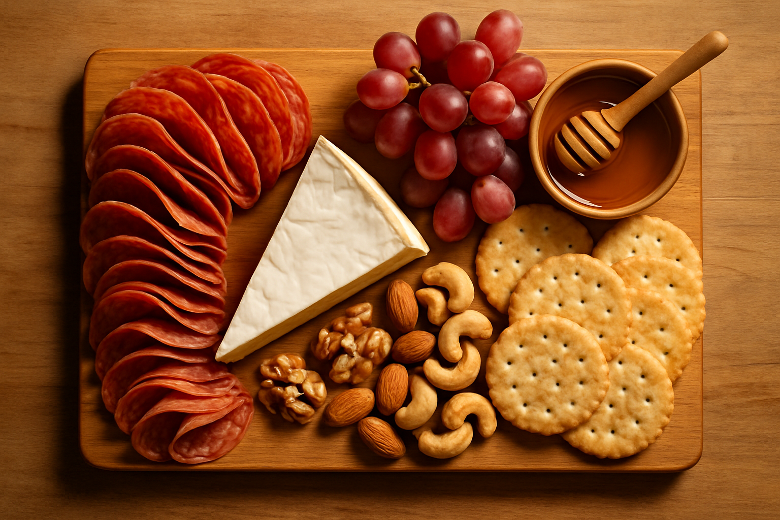 Fully assembled charcuterie board with meats, cheeses, fruit and crackers