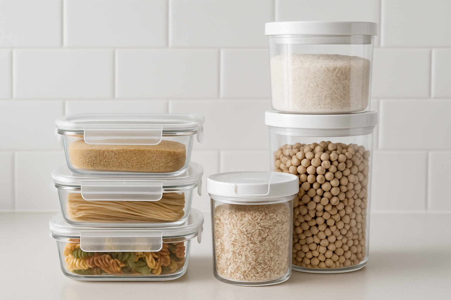 Stack of airtight glass and clear plastic food containers with locking lids