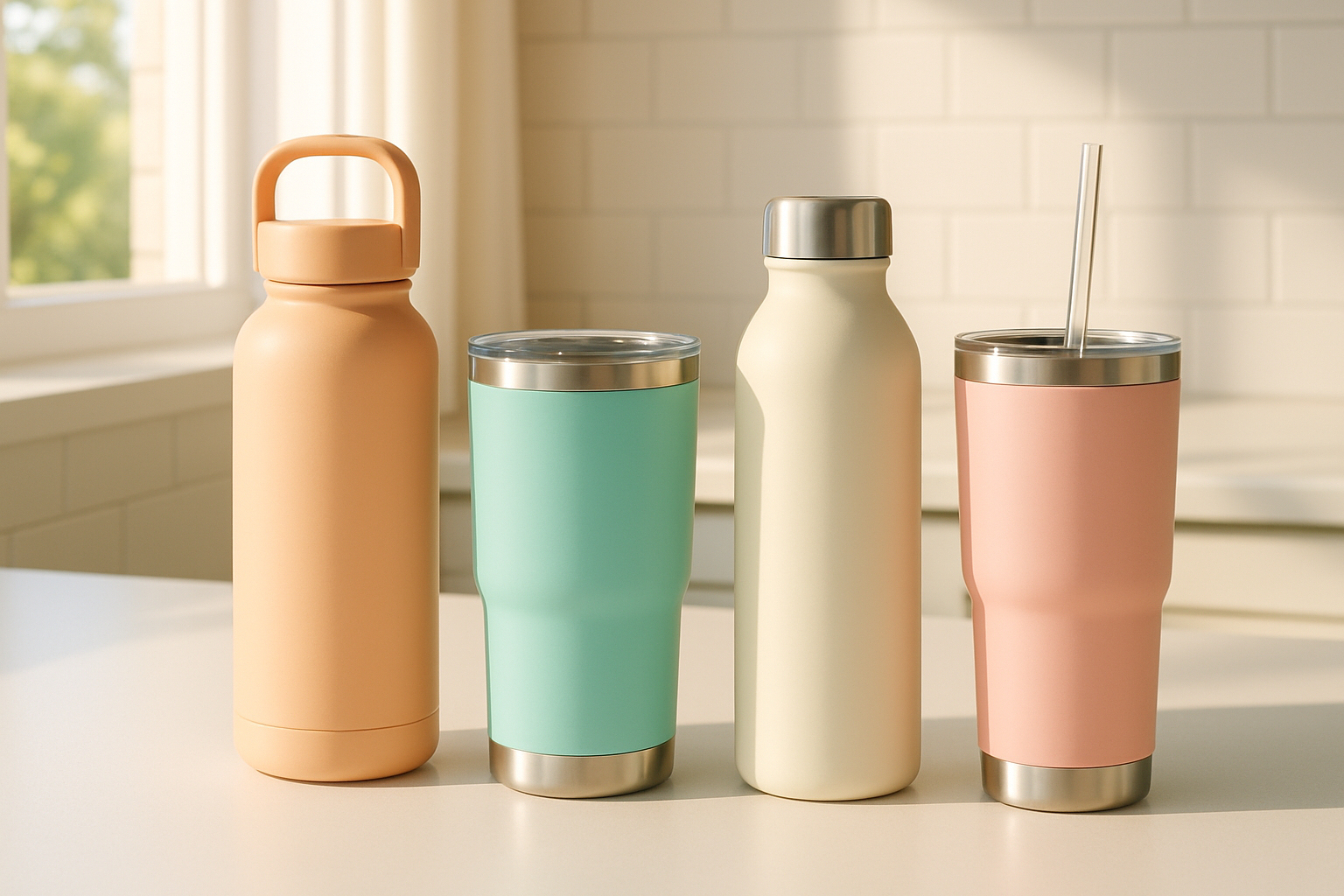Popular insulated tumblers and water bottles lined up on a kitchen counter