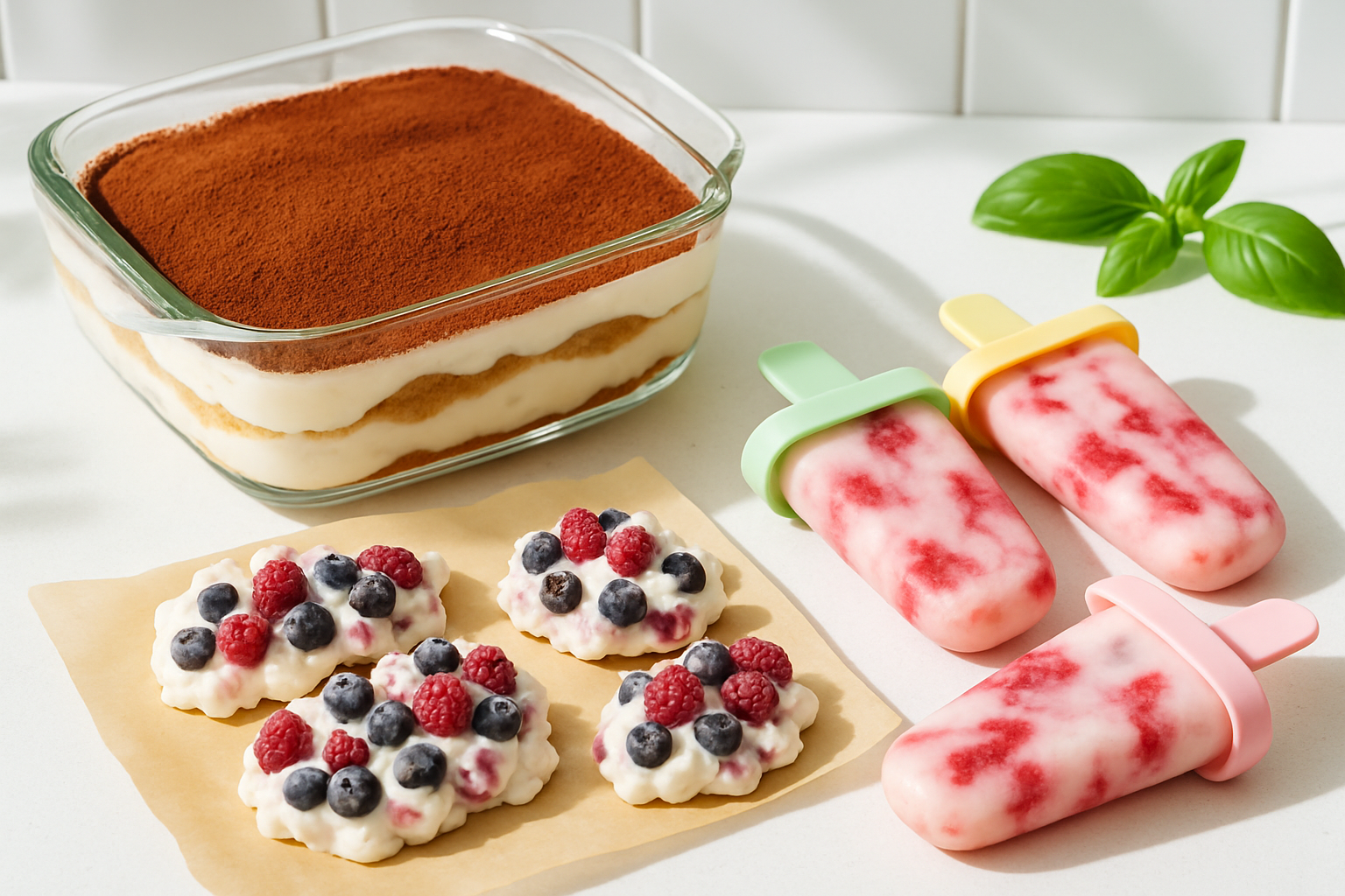 Yogurt tiramisu in a glass dish beside frozen fruit clusters and protein popsicles
