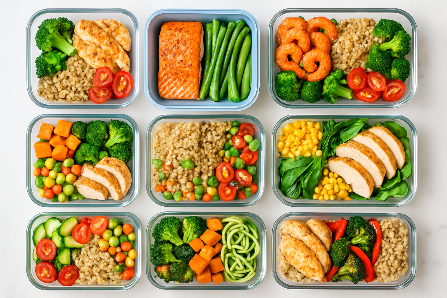Meal prep containers with colorful prepared meals stacked on a counter