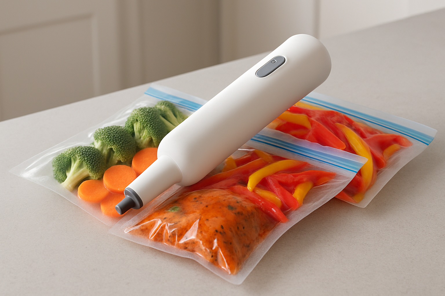 Handheld vacuum sealer shrinking a zipper bag of marinated food on a counter