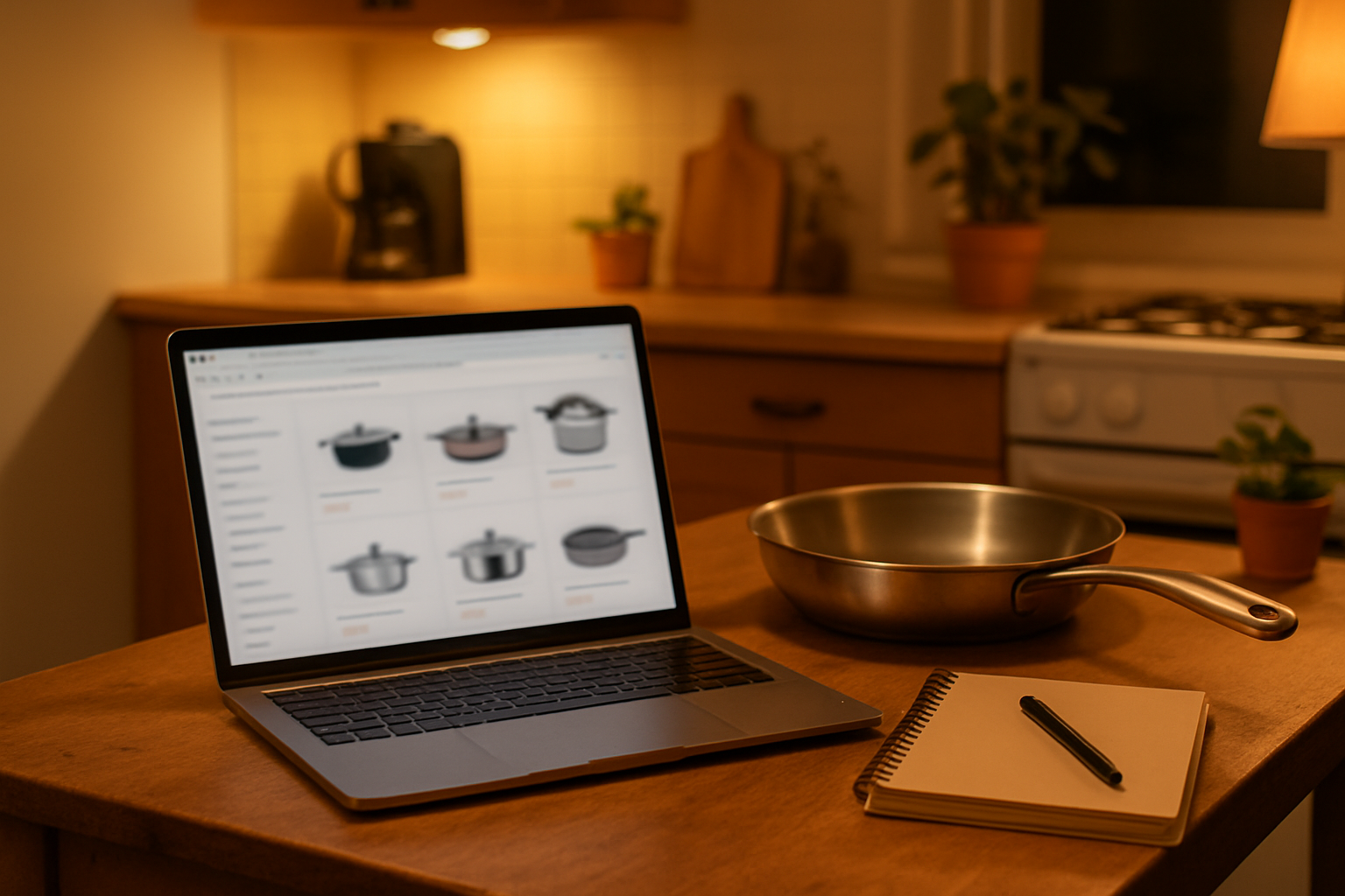 Person comparing cookware options on a laptop with a skillet on the table