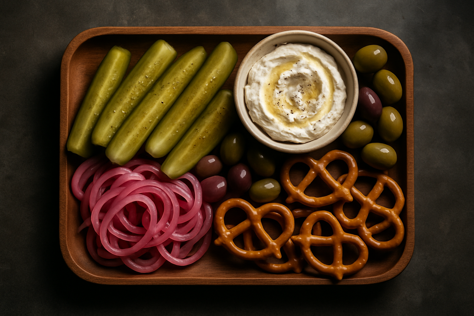 Savory pickle board with assorted pickles, olives and dips on a wooden tray