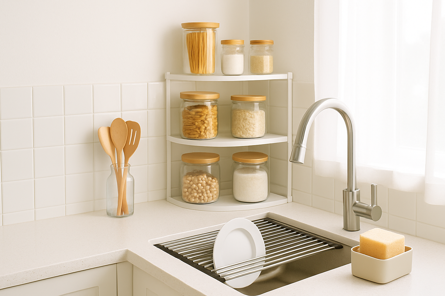 Tidy small kitchen counter with tiered organizer, roll-up drying rack and sink caddy
