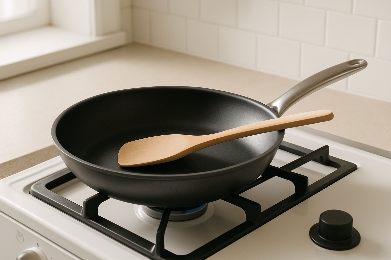 Nonstick frying pan on a stove at medium heat with a wooden spatula