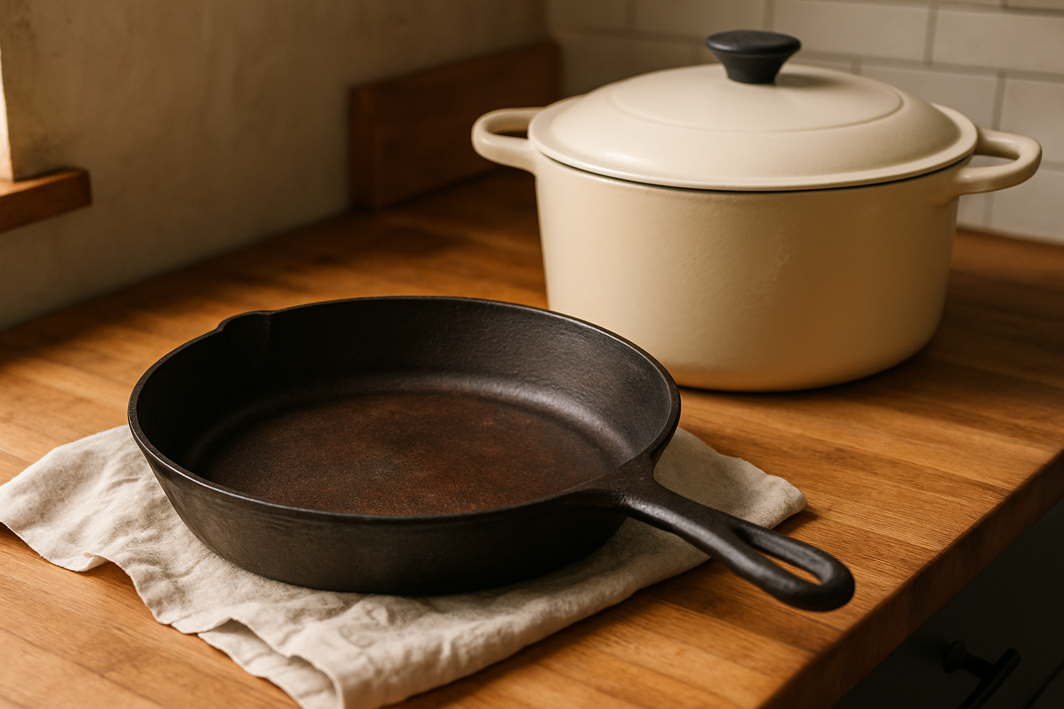 Cast iron skillet and enameled Dutch oven on a wooden kitchen surface