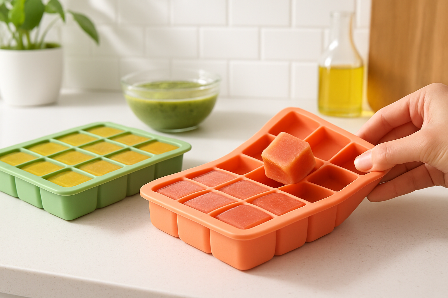Silicone freezer trays with portioned soup cubes on a bright kitchen counter