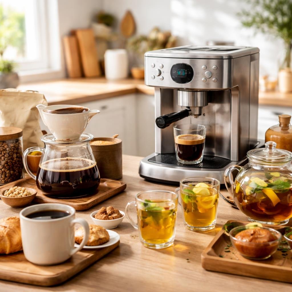 Coffee and tea essentials on a modern kitchen counter