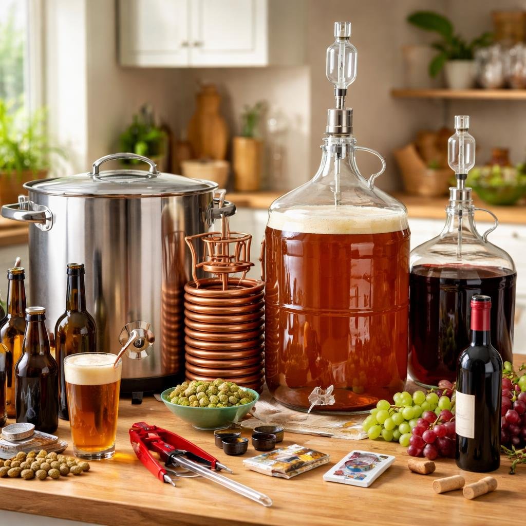 Home brewing and wine making tools for fermentation and serving