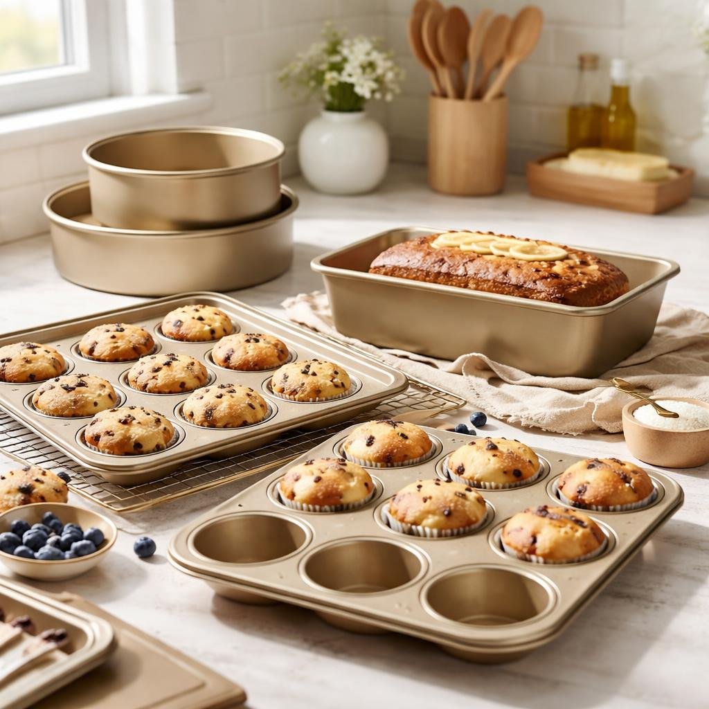 Assorted bakeware pans with baking sheets, muffin tins, cake pans