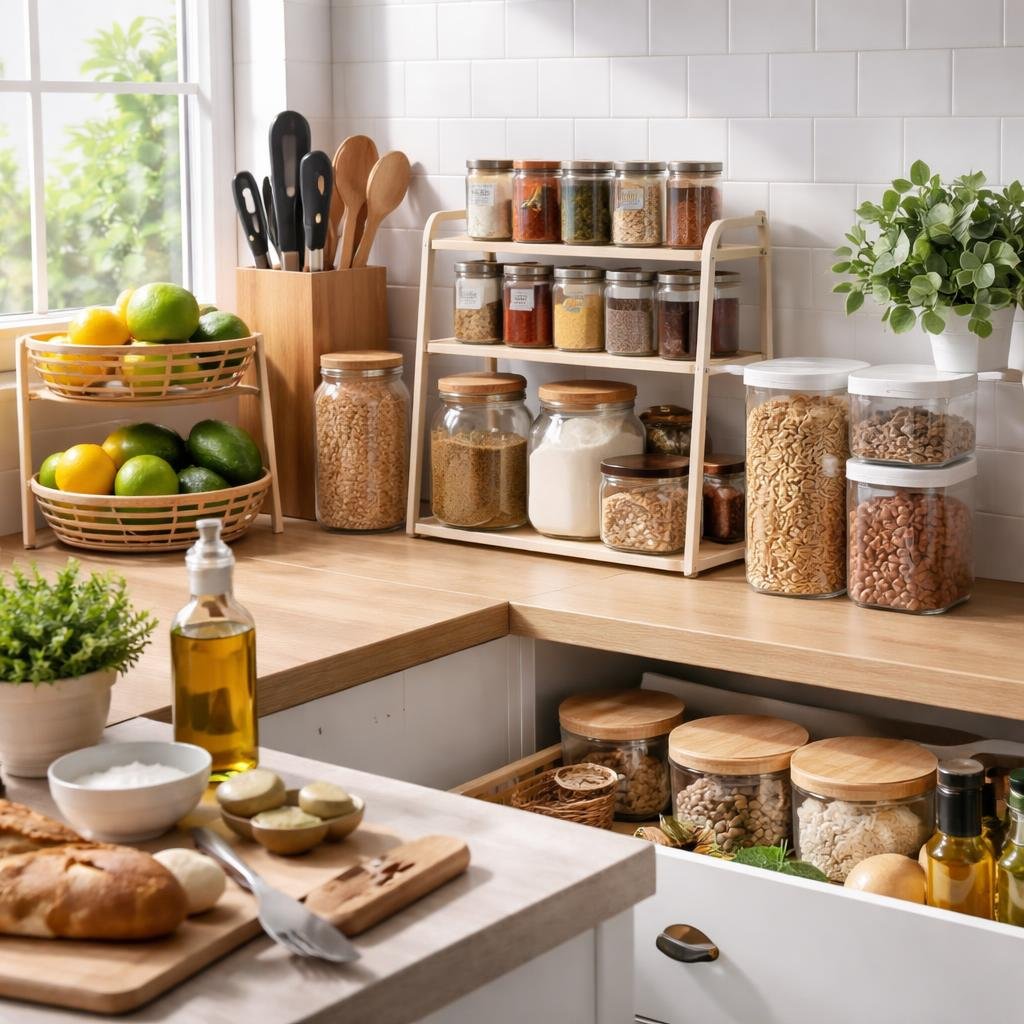 Stackable pantry bins with clear labeled food containers