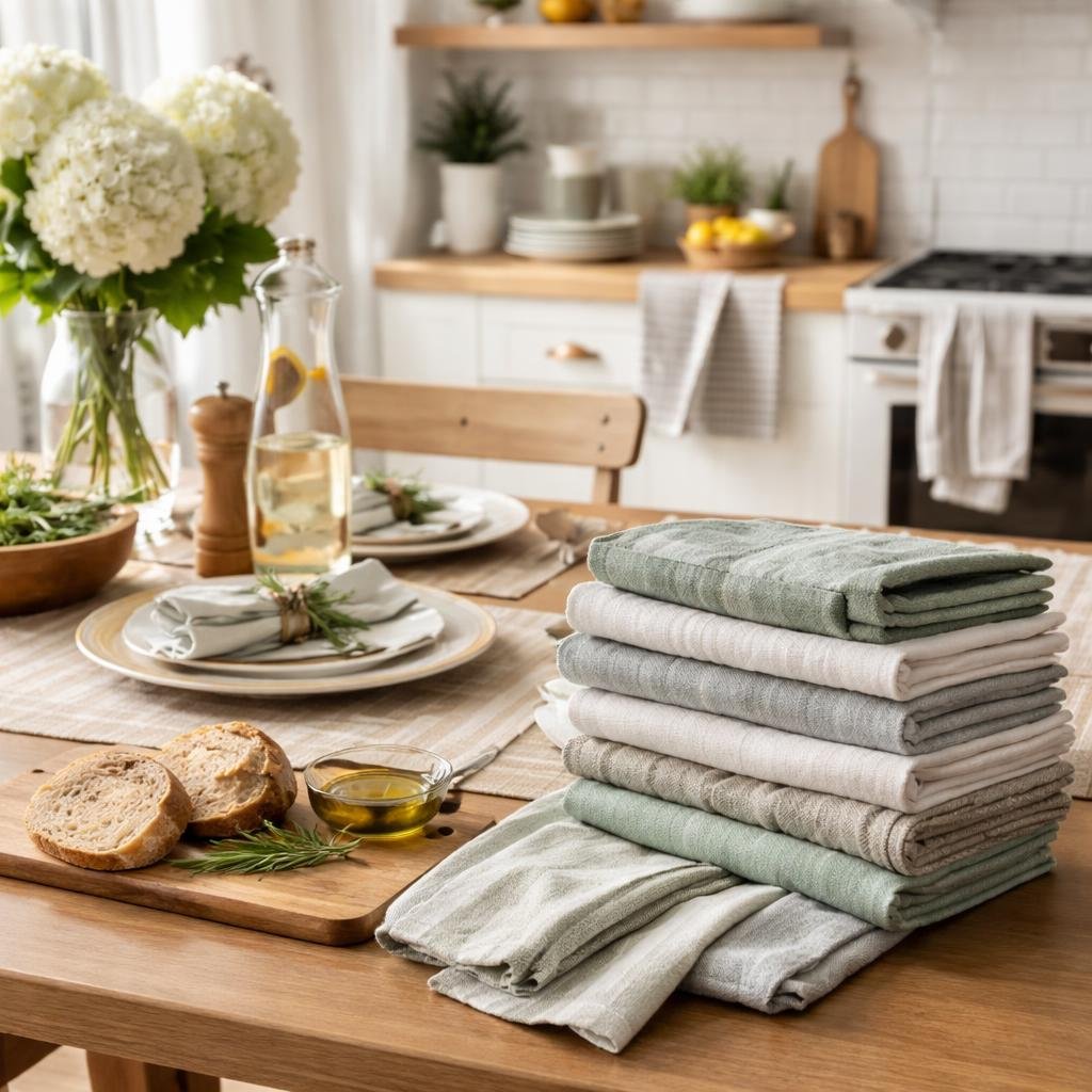 Kitchen towels, table runner, and table pad styling