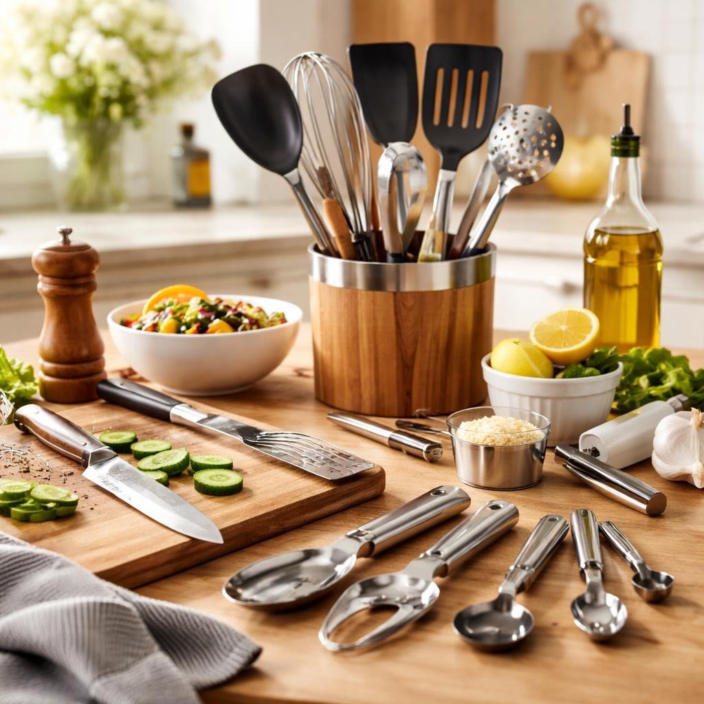 Assorted kitchen utensils and prep gadgets on countertop