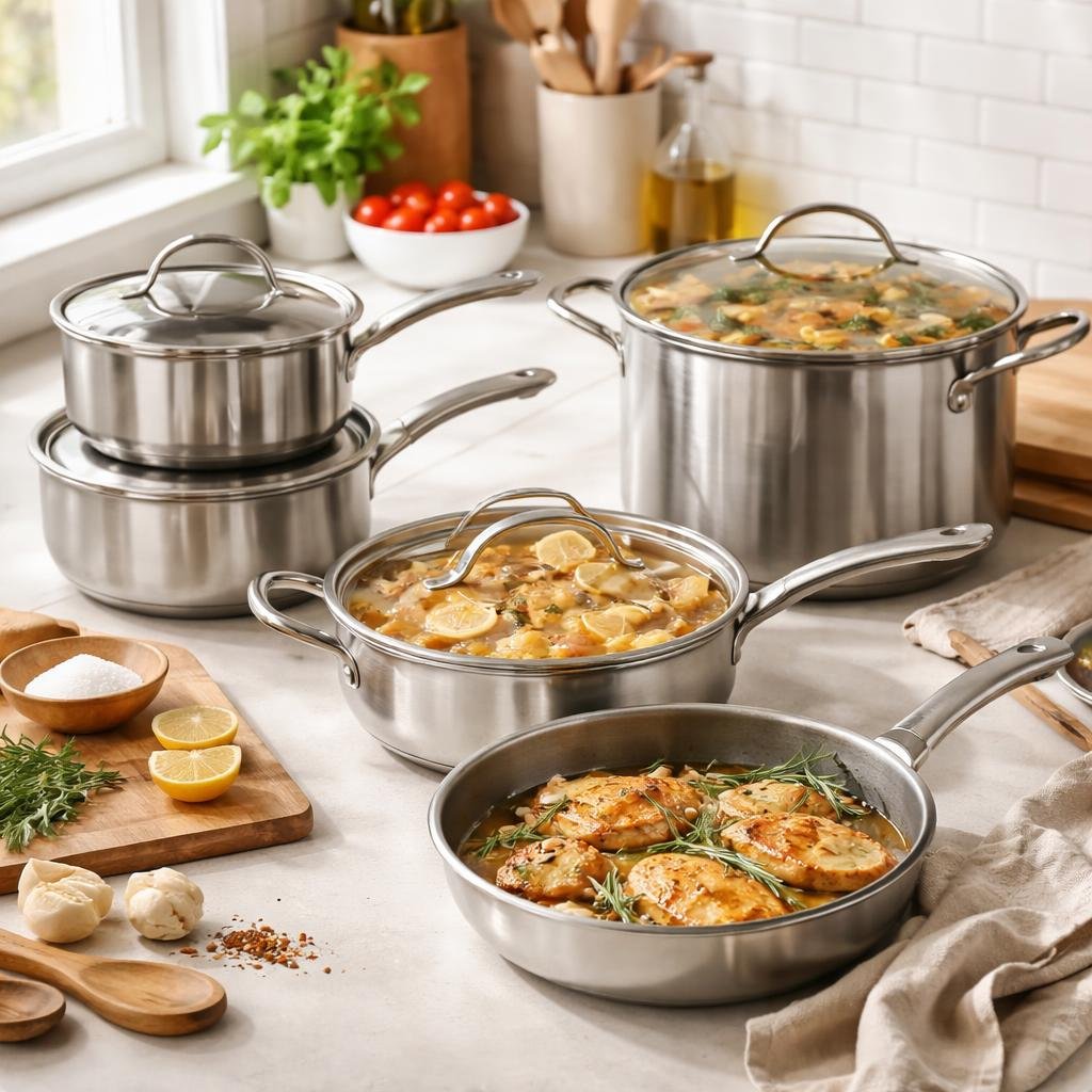 Modern kitchen cookware set with pots, pans, and lids