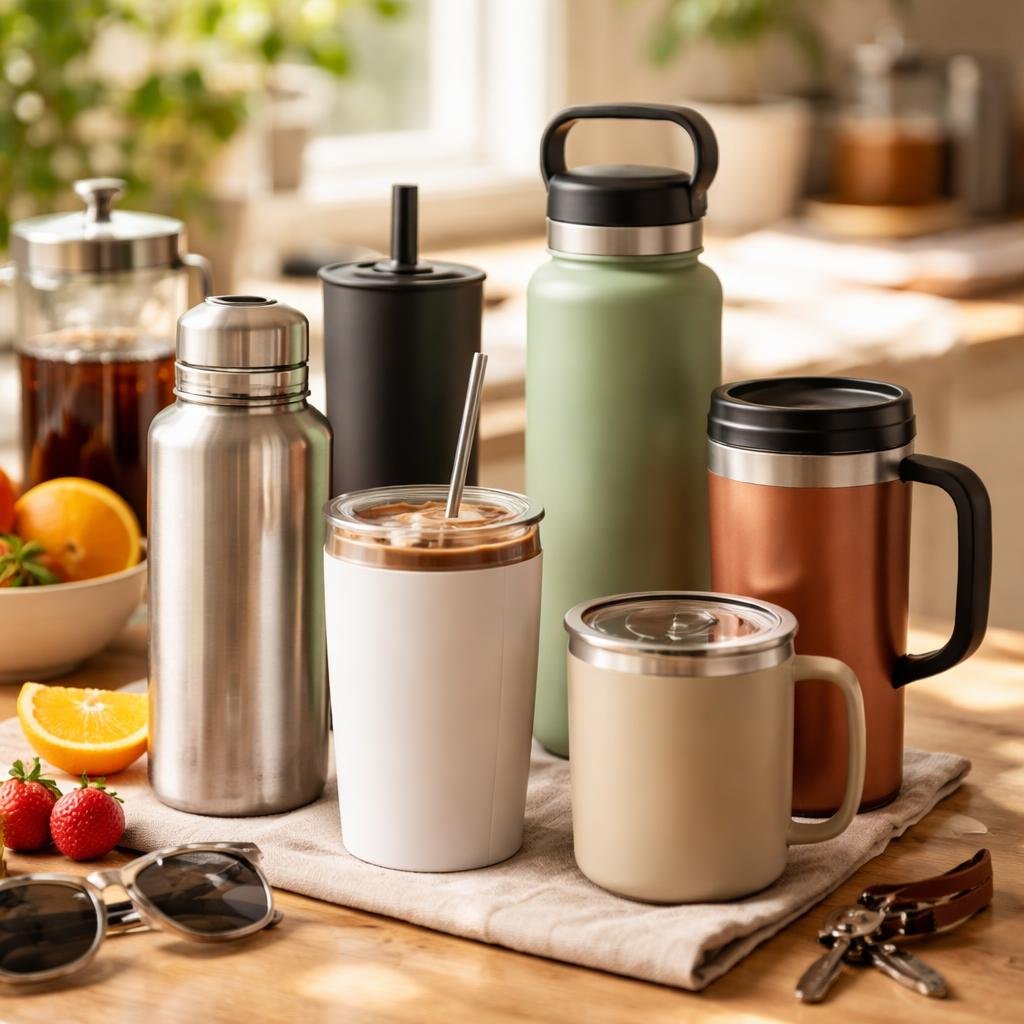Travel mugs and tumblers with leak-resistant lids