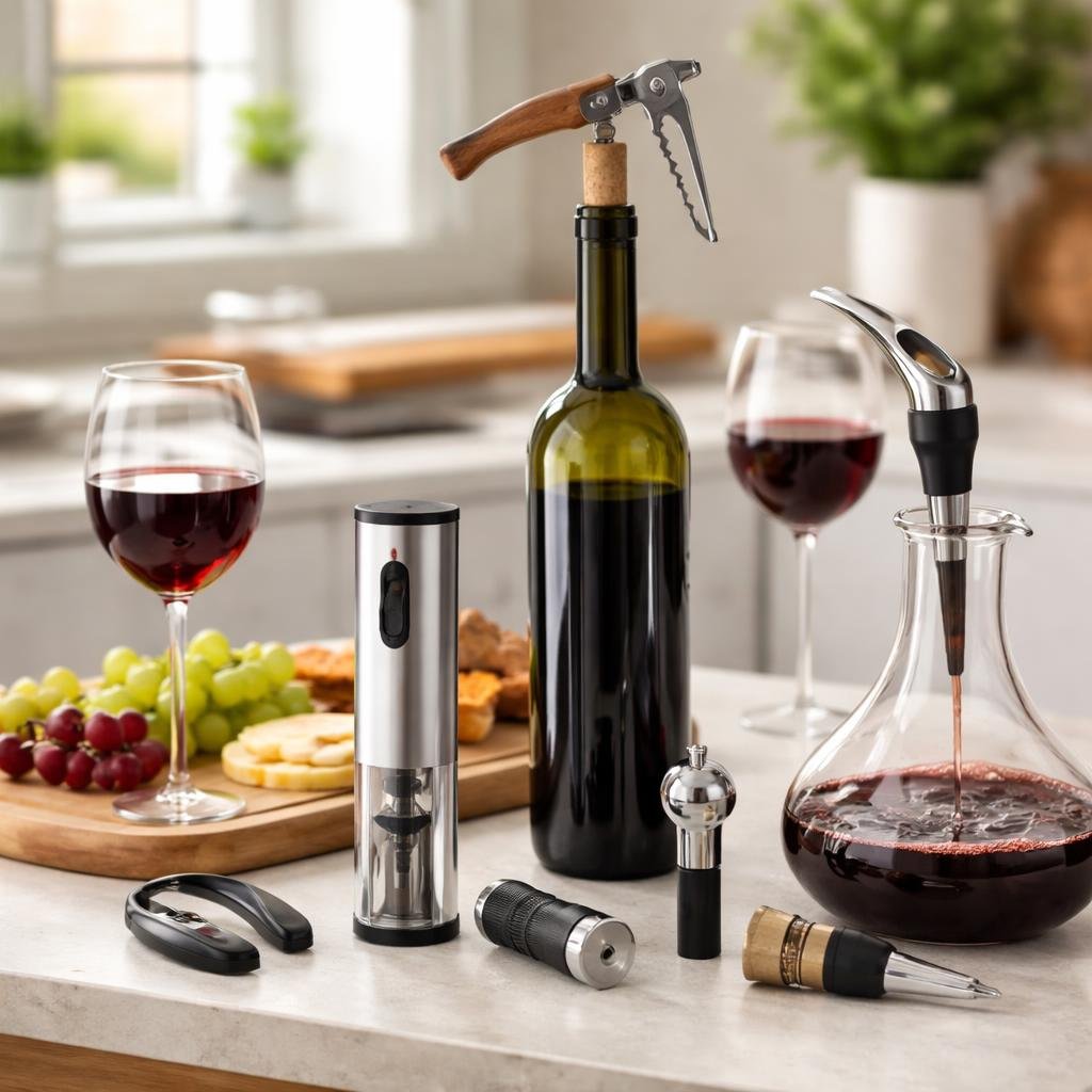 Curated wine accessories with opener, pourer, stopper set