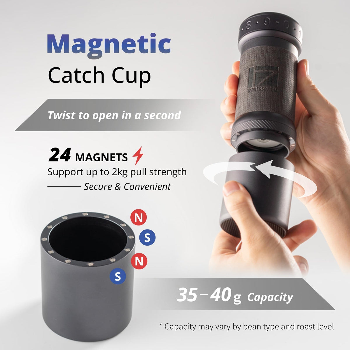 1Zpresso K-Ultra magnetic catch cup securely snapping into place