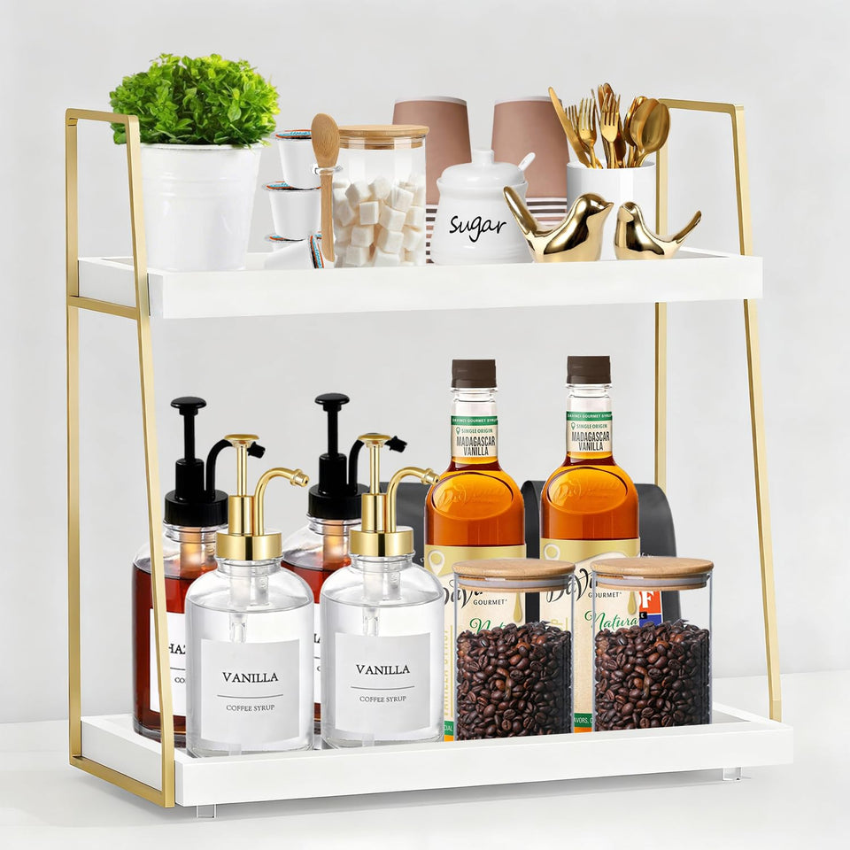 2087 Coffee Bar Organizer top shelf displays syrups and cups for easy access