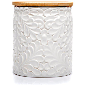 25DOL small engraved ceramic canister with bamboo lid for pantry storage and freshness.