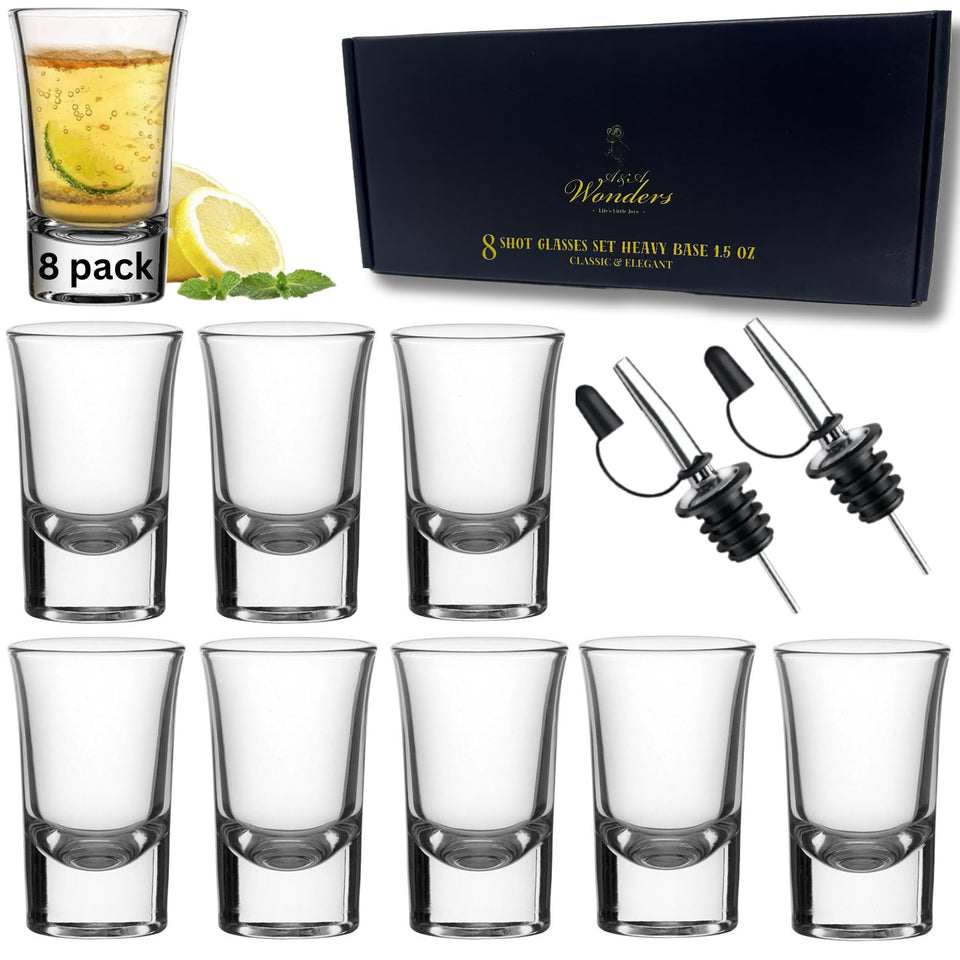 A&A Wonders eight-shot glasses with heavy bases for stable pours and durability