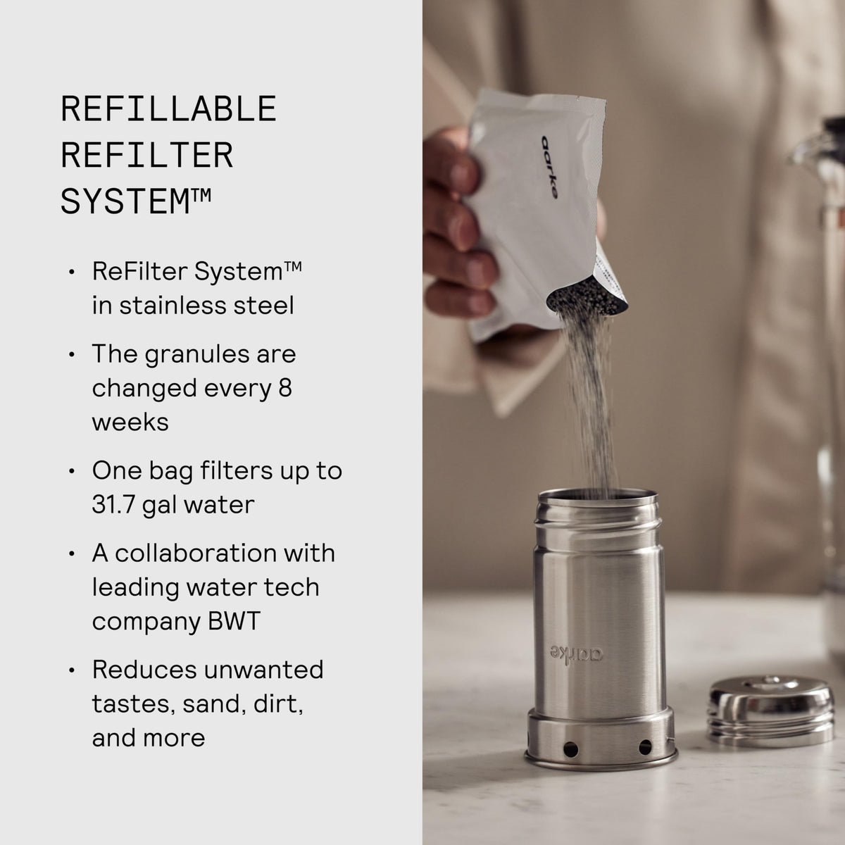 Aarke Purifier standard 2-4l pitcher fits in the fridge for daily use