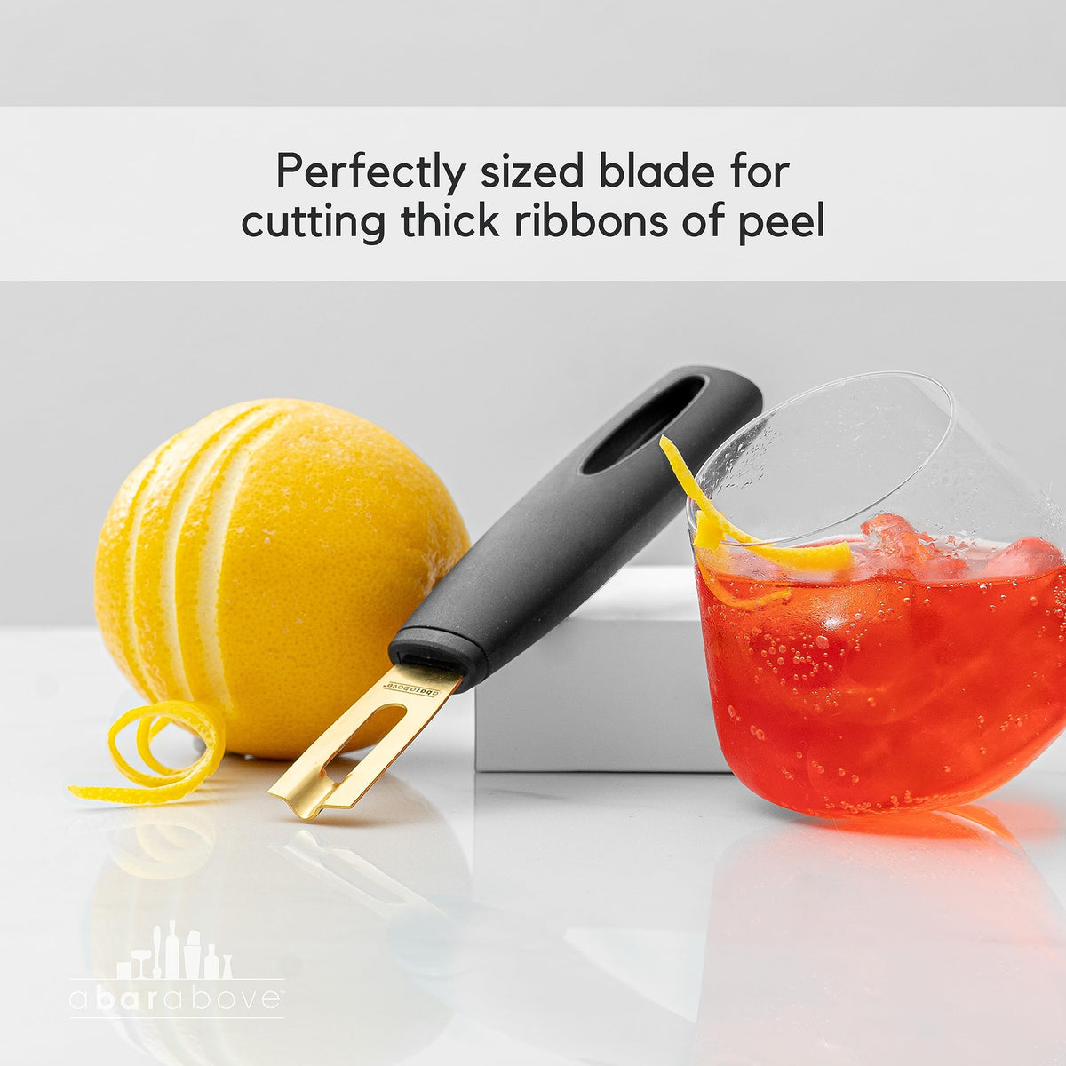A Bar Above angled blade for flawless garnishes and ribbons.