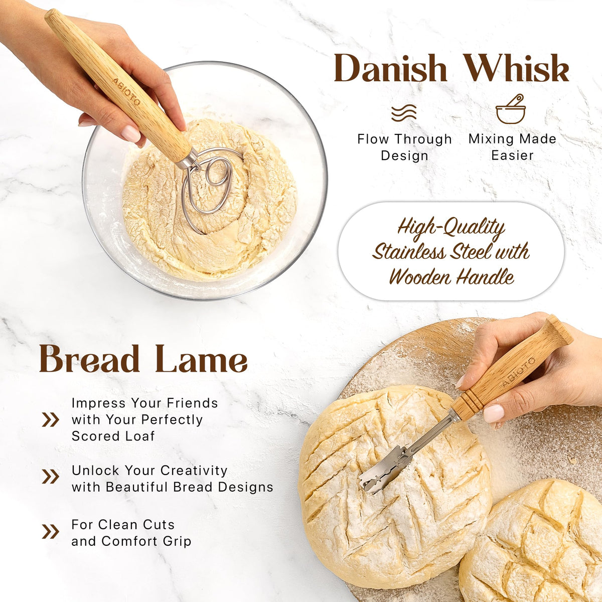 ABIOTO Danish whisk blends starter for consistency and smooth texture.