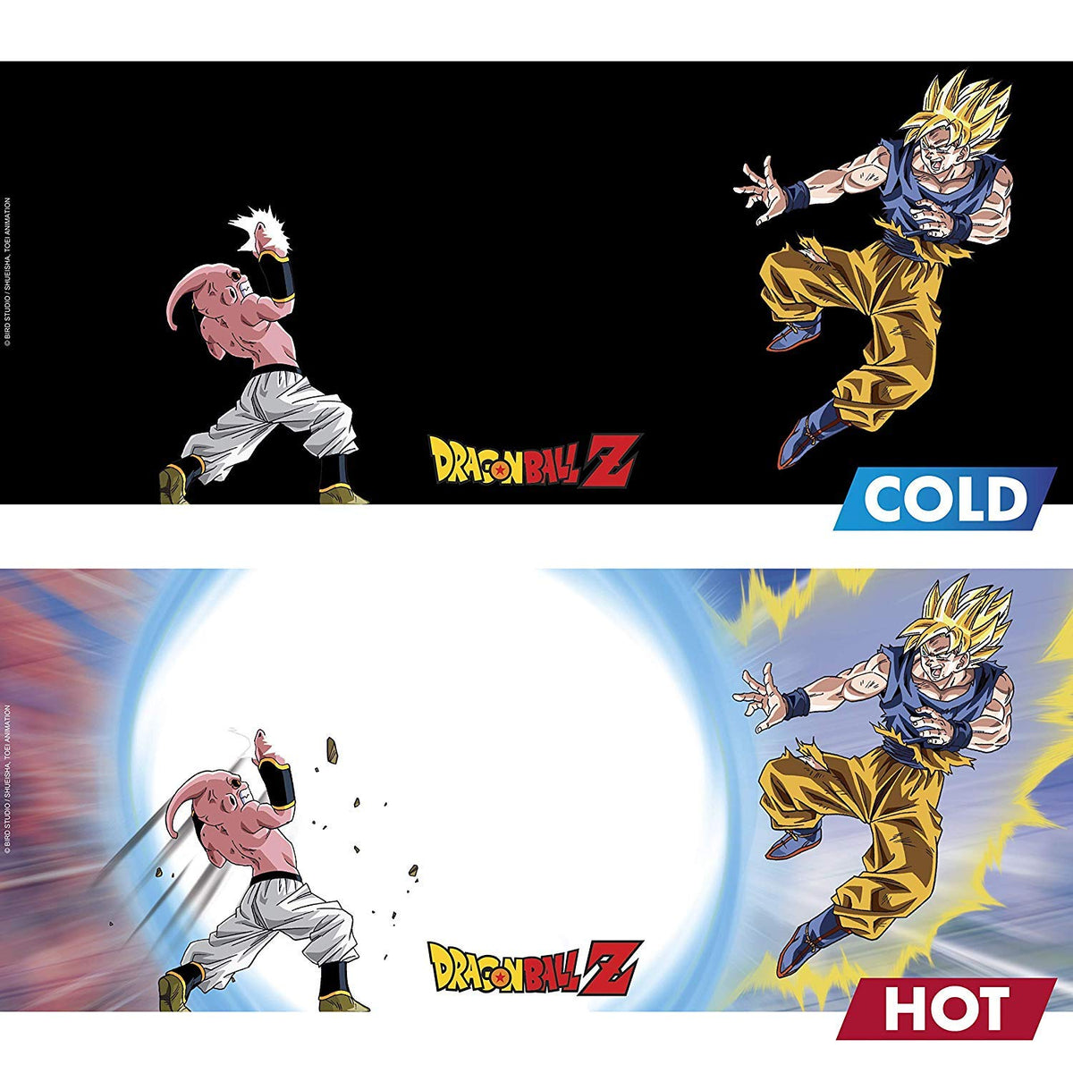 ABYSTYLE mug and coaster set showing heat-reactive Dragon Ball Z artwork for coffee moments