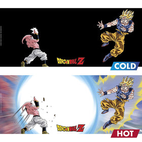 ABYSTYLE mug and coaster set showing heat-reactive Dragon Ball Z artwork for coffee moments