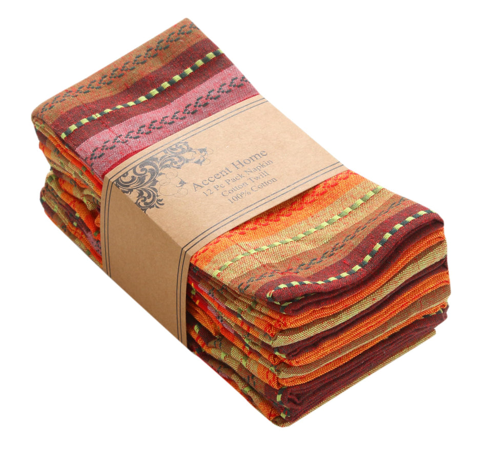 ACCENTHOME Salsa Stripe Napkins folded show soft cotton texture and red rust stripes
