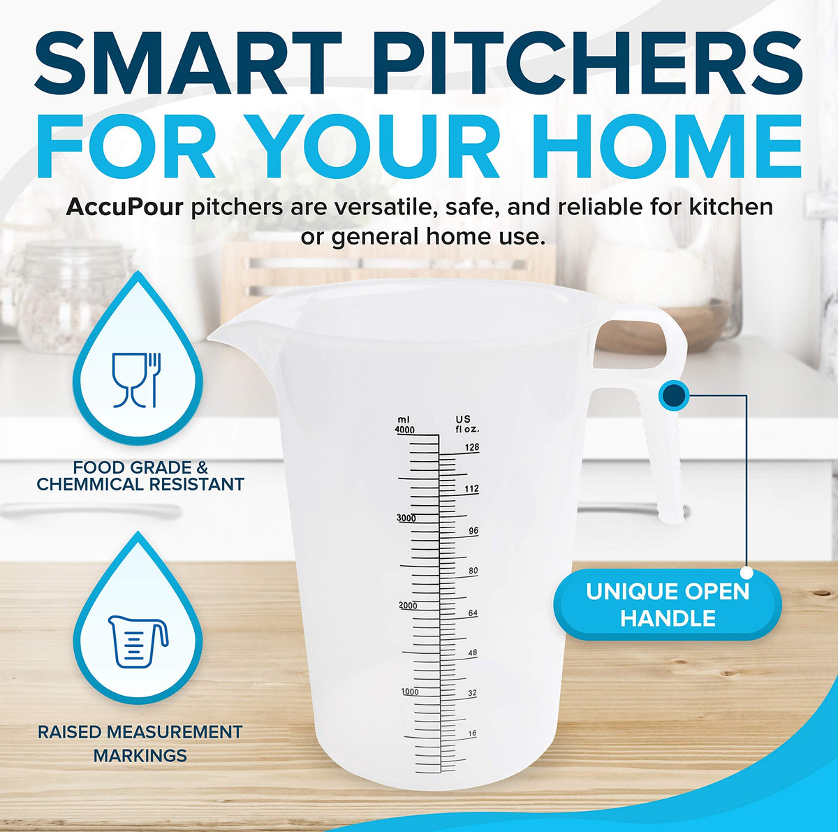 ACCUPOUR ergonomic-open-handle pitcher demonstrates comfortable grip and precise pouring.