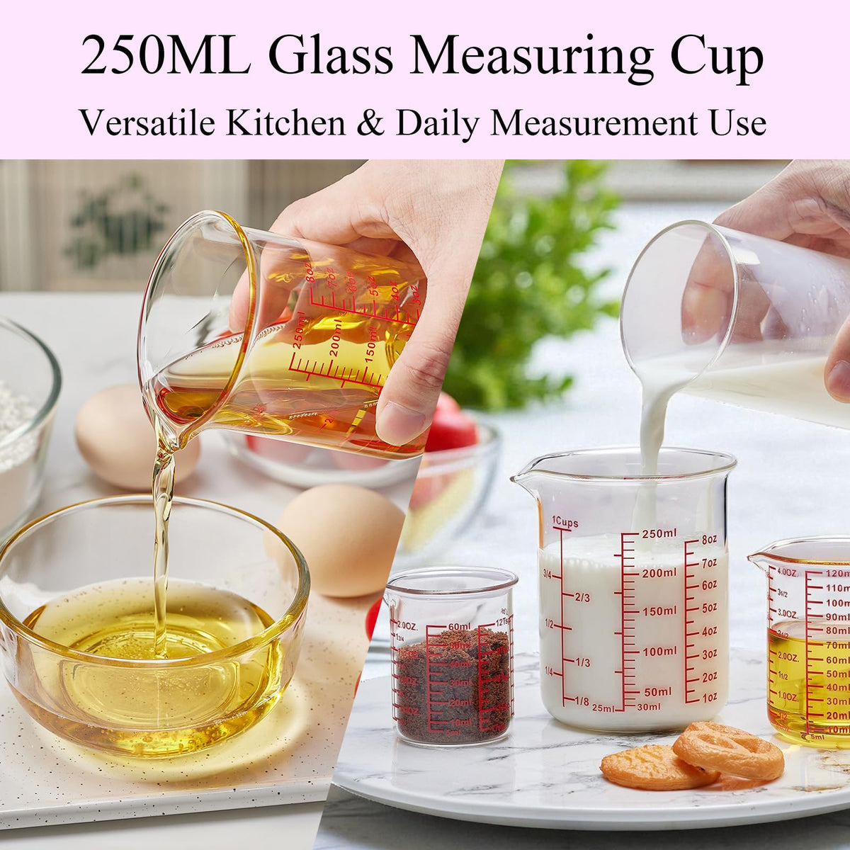Ackers BORO3.3 dishwasher-safe glass measuring cups for easy care.