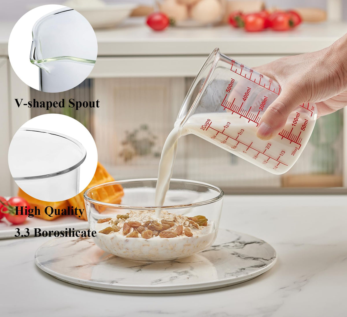 Ackers BORO3.3 500ml measuring cup with wide mouth for easy cleaning.