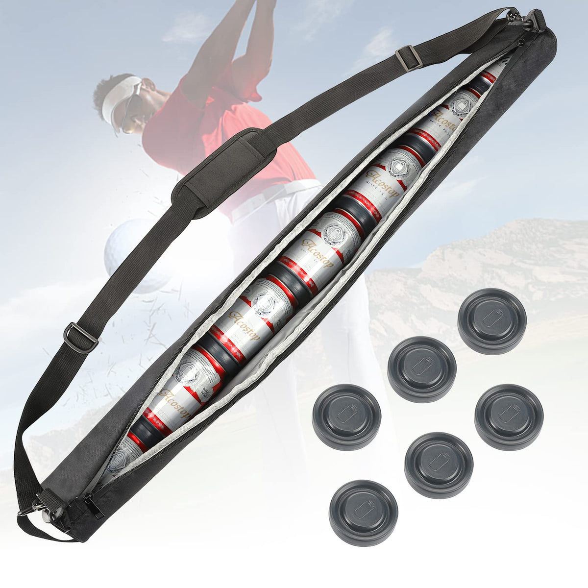 Acostop golf beer sleeve with full setup enables easy on-course refreshment.