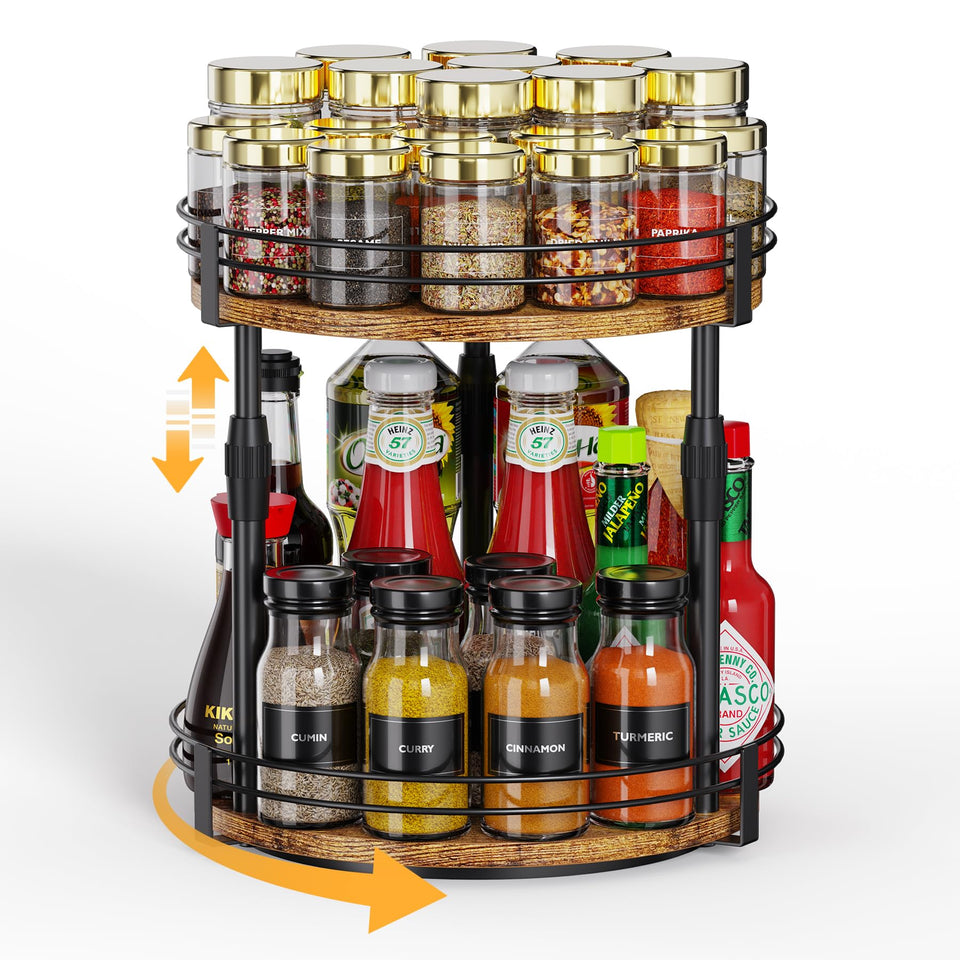 Across-Star rotating spice organizer on a kitchen counter for easy access.