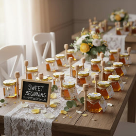 Adabocute gold-lid honey jars showcase elegant packaging for gifting.