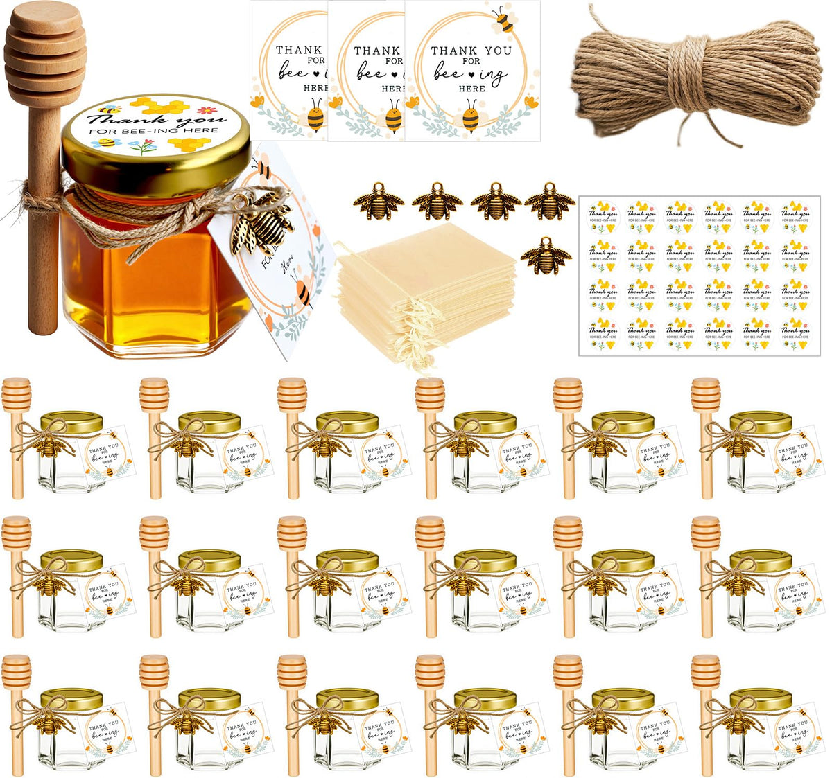 Adabocute mini honey jar with dipper and gold lid for charming bee-themed favors.