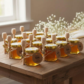 Adabocute wedding and baby shower display with bee themed jars