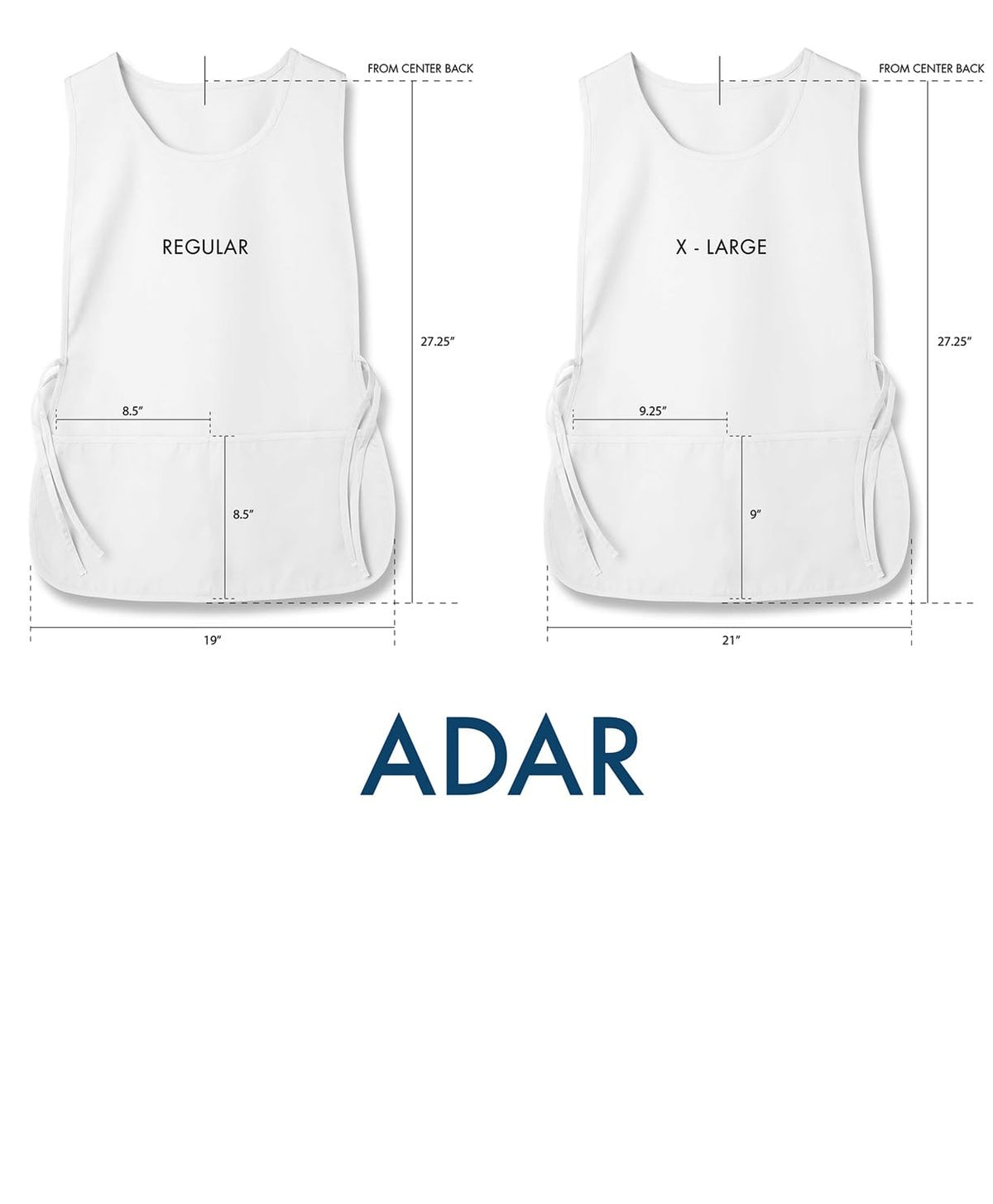 Center back length shown on Adar apron for ample coverage (27 1/4 inches).