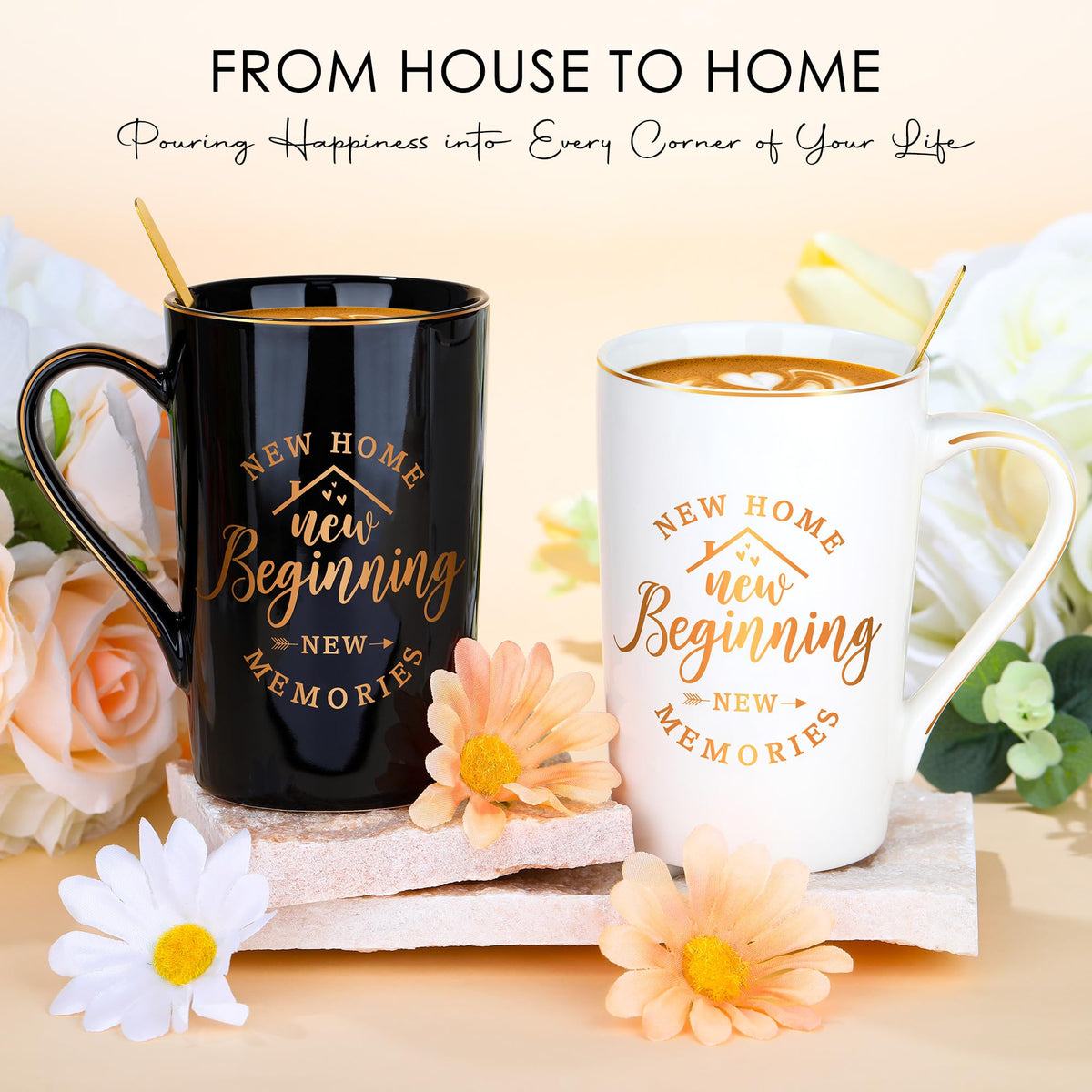 Adwaita coffee mugs with gold spoons add elegant daily use in a cozy kitchen