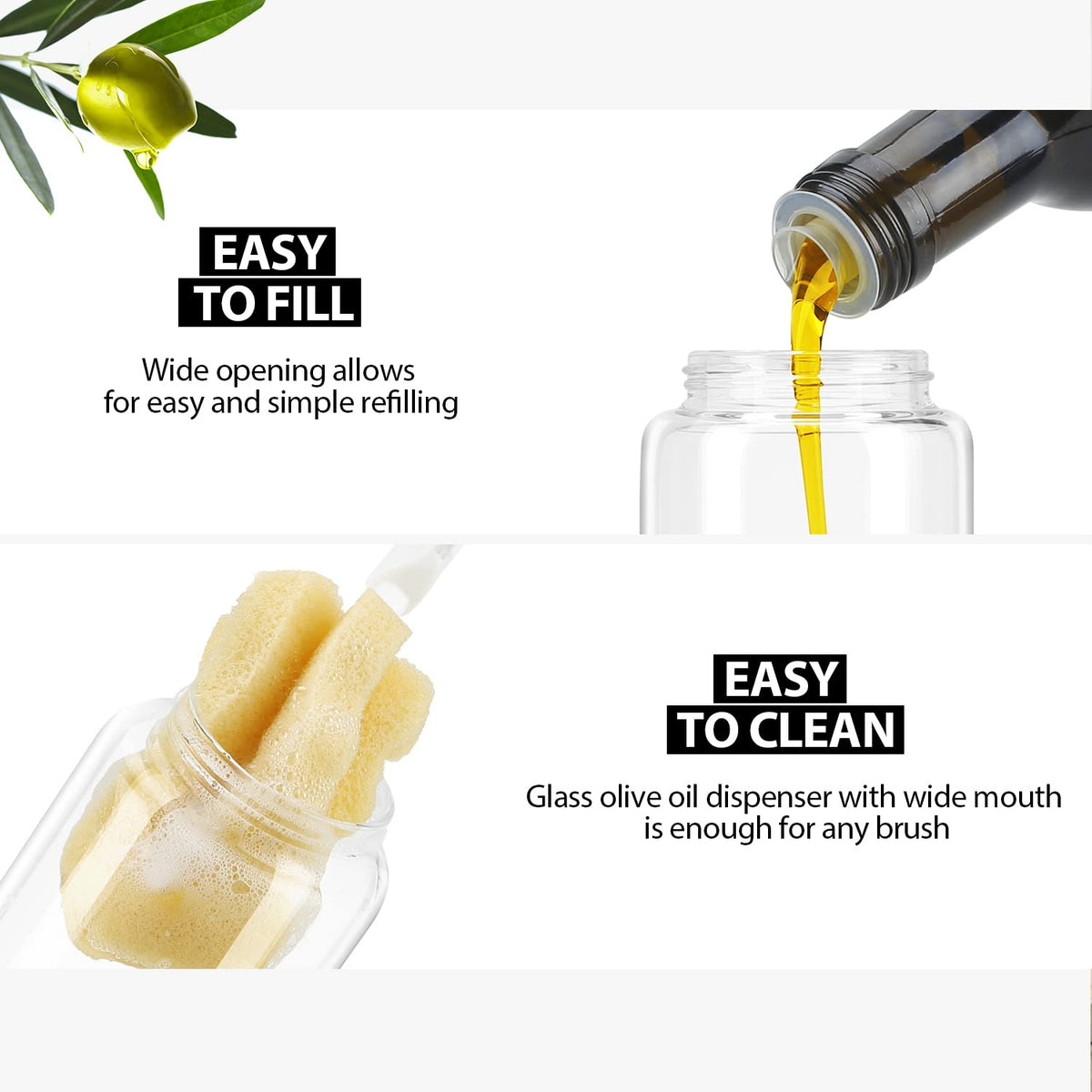 Aelga glass oil cruet provides clear content visibility.