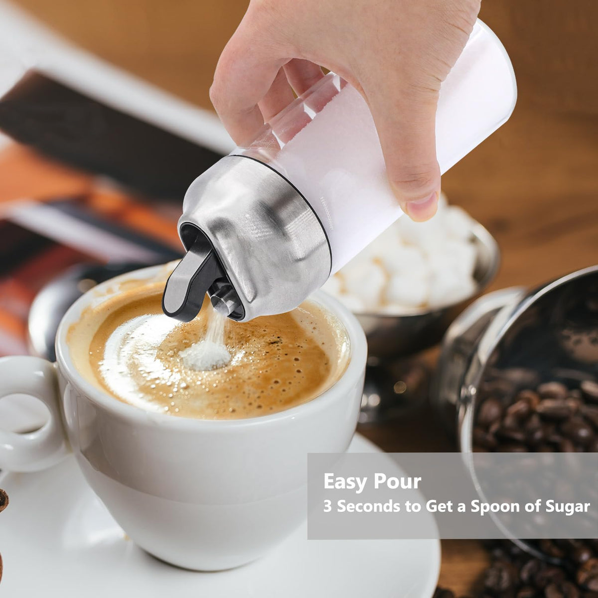 Aelga sugar dispenser with weighted pourer for steady, controlled pours.