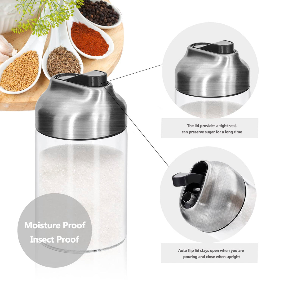 Close-up of Aelga sugar dispenser with stainless steel lid