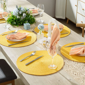 AHHFSMEI round placemats fit rectangular, round, and oval tables.
