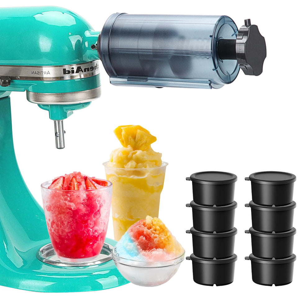 Aien shave ice attachment on a KitchenAid mixer enabling quick snow cones at home.