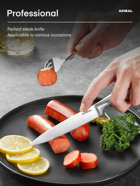 Action shot of Aiheal knives cutting meat with smooth, precise motion.
