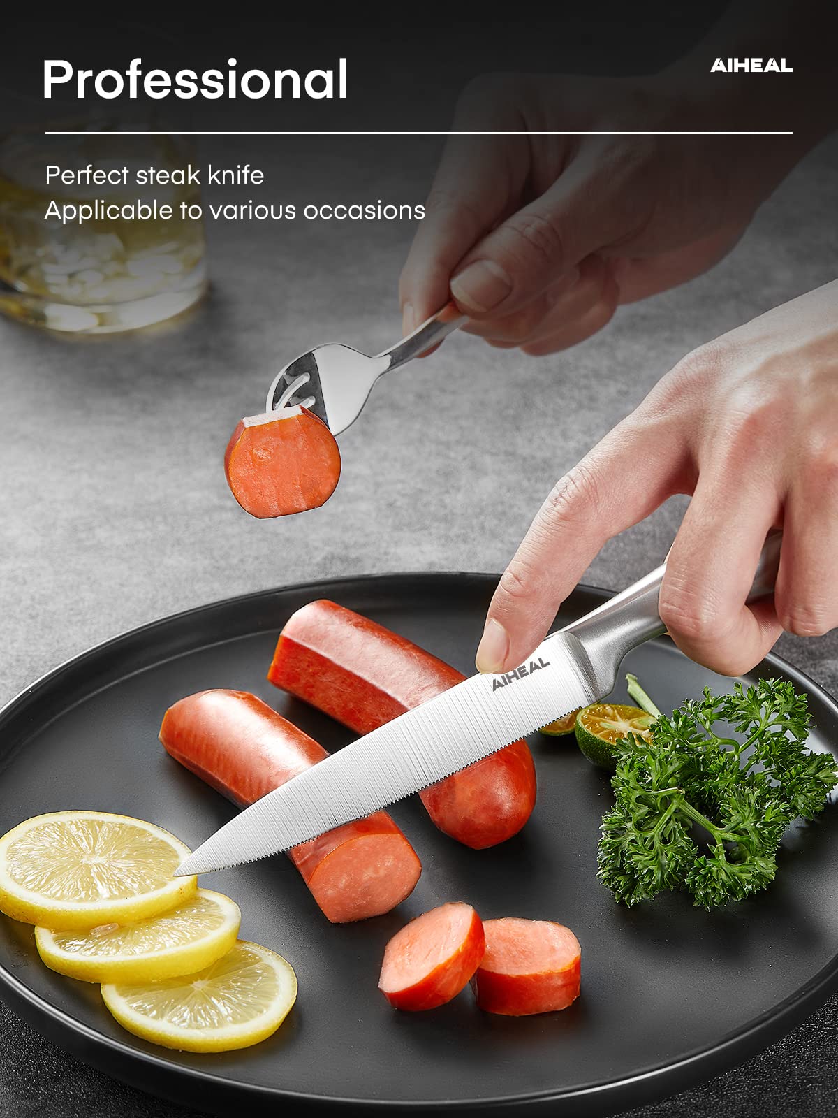 Aiheal knife cutting meat in close-up for efficient slicing