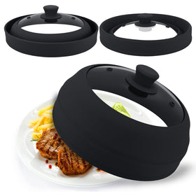 Aimatifi microwave splatter cover glass in use over food for splatter control.